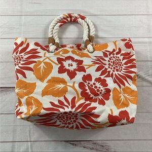 Land's End Women White Red Floral Canvas Tote Bag Size 21.5"x14.5"
